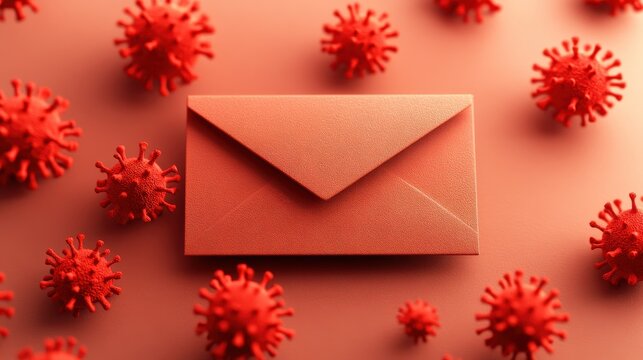 A red envelope surrounded by stylized virus representations, symbolizing communication in the context of health or pandemic awareness.