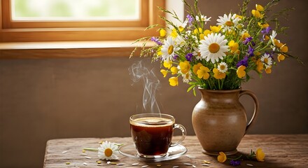 Steaming Coffee with Wildflowers in Rustic Vase near Window