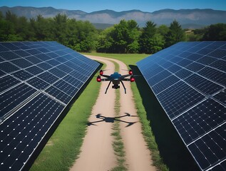 A drone flying over rows of solar panels in a green energy farm on a sunny day, showcasing modern technology and renewable energy for environmental sustainability

