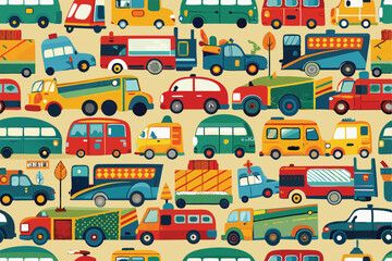 This vibrant design features a repeated assortment of vehicles in various shapes and colors, ideal for printing, Repeating image with vehicles for printing on paper or fabric