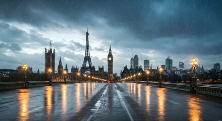 Obraz premium Rainy Urban Cityscape with Tower and Clock Tower Landmarks, Generative AI.