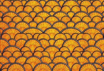 Antique gold and rust scallop pattern; textured, worn effect, repeating geometric shapes, embossed, texture