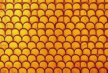 Antique gold and rust scallop pattern; textured, worn effect, repeating geometric shapes, texture, overlay