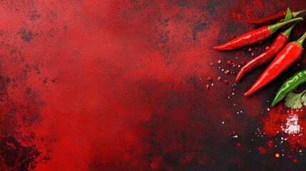 A vibrant backdrop featuring red and black tones, complemented by fresh red and green chilies, with a sprinkle of salt.