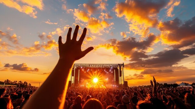 Live music festival performance outdoor venue concert crowd sunset atmosphere enthusiastic viewpoint vibrant energy