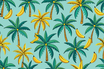 Colorful pattern showcases banana and coconut trees against a bright backdrop, celebrating tropical vibes, Repeating print with banana or coconut trees, Linear flat vector illustration
