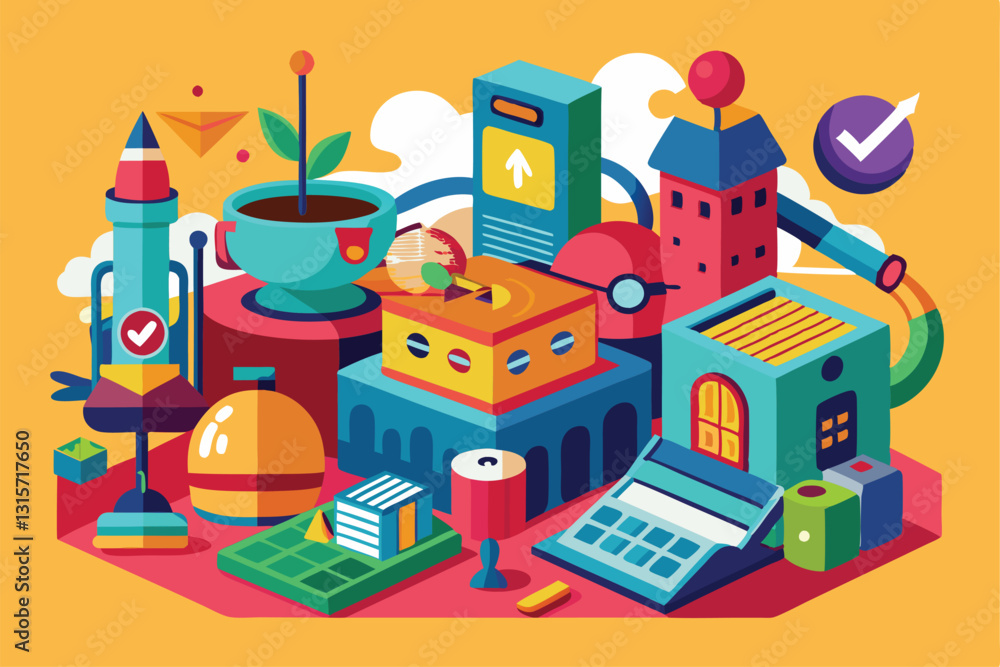 Poster brightly colored abstract objects display customizable elements for reporting, including shapes and 