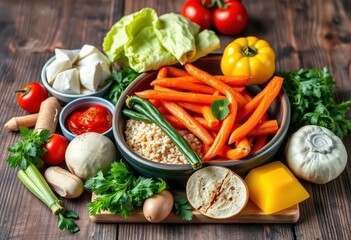 Artisanal meal kit ingredients arranged on wood, showcasing freshness, vegetables, food