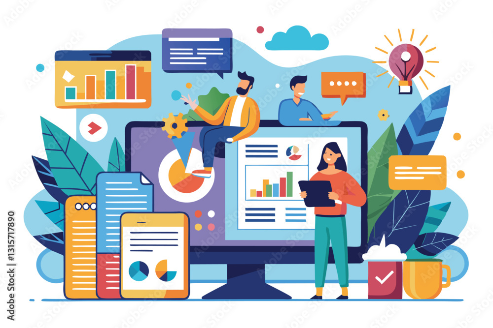 Poster a vibrant digital workspace showcases characters analyzing data with charts, reports, and notes on s