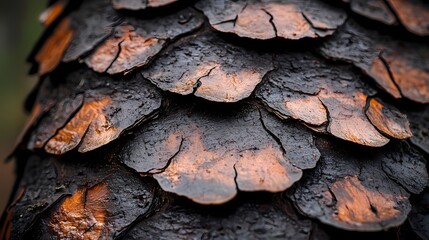 Close-up of dark, wet, overlapping scales with orange hues