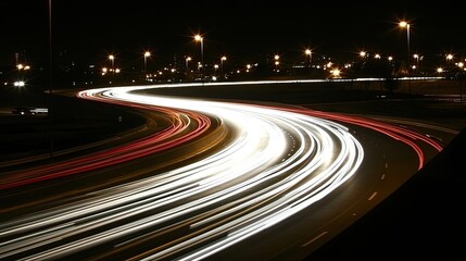 Streaks of Colorful Lights on a Curving Urban Highway at Night Showcasing Motion and Dynamic Energy of City Traffic