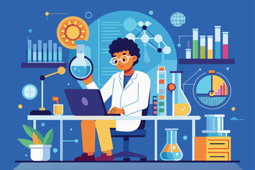 A researcher conducts data analysis at a desk surrounded by scientific equipment and charts, Researcher analyzing data in the lab
