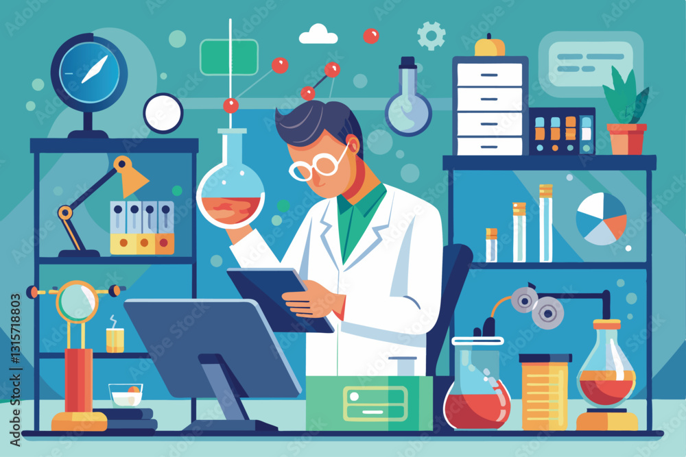 Poster a researcher in a lab coat examines data on a tablet while conducting experiments at a workstation, 