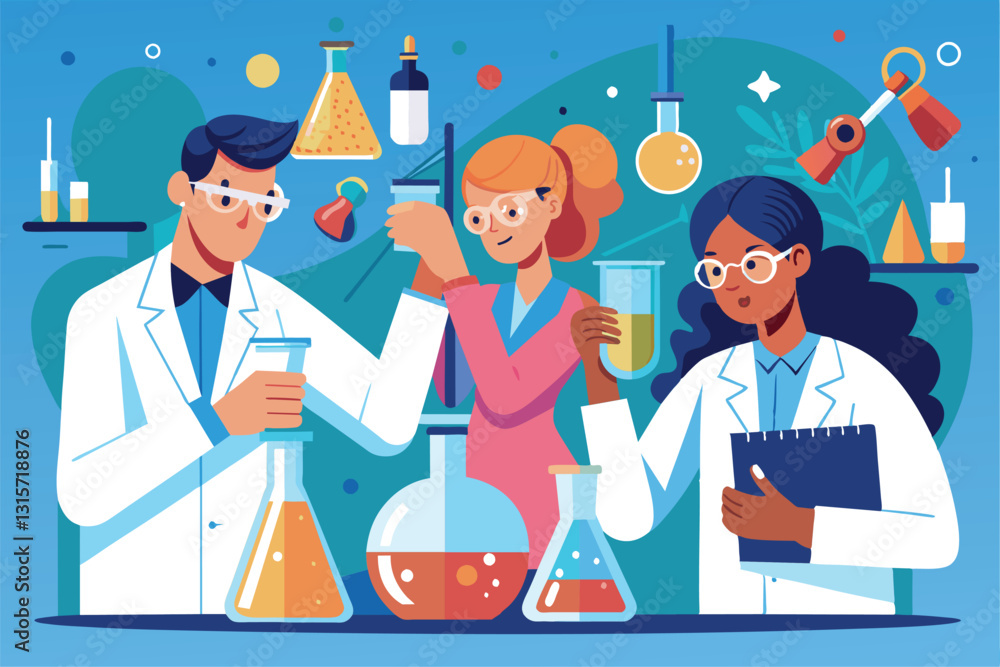 Aufkleber three researchers examine various liquids in erlenmeyer flasks while discussing their findings, rese