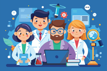 Four researchers work together at a desk, using a laptop surrounded by scientific tools and documents, Researchers Customizable Cartoon Illustration