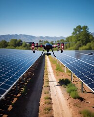 A drone flying over rows of solar panels in a green energy farm on a sunny day, showcasing modern technology and renewable energy for environmental sustainability

