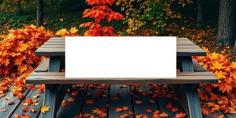 Blank white greeting card on rustic wooden picnic table, surrounded by vibrant autumn leaves, october, photo