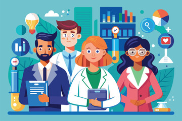 Fototapeta premium A group of four researchers is engaged in a laboratory setting with various data analysis elements, Researchers Customizable Disproportionate Illustration