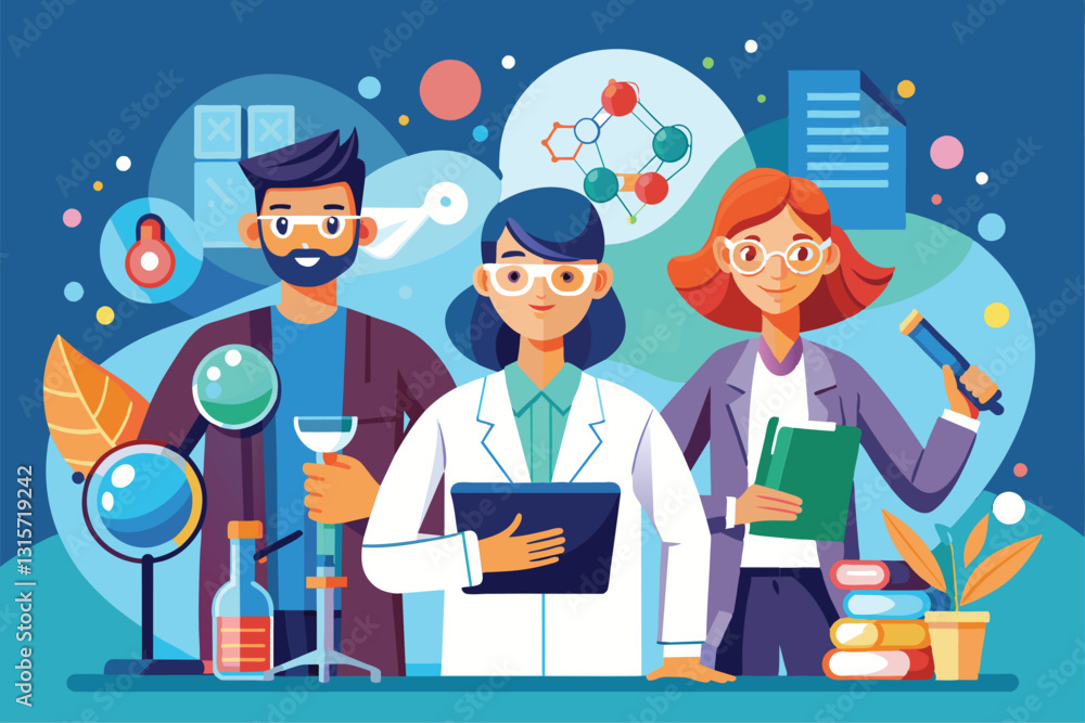 Poster three diverse researchers discuss projects in a vibrant lab filled with scientific instruments and c