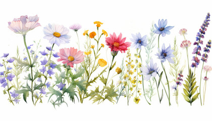 Watercolor illustration of wildflowers on white background.