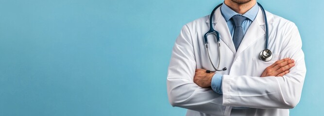 A male doctor wearing a white coat and stethoscope standing with arms crossed in front of a light blue background, suitable for medical website banner design or health concept.