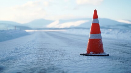 Bright Orange Traffic Cone on Snowy Road in Winter Landscape