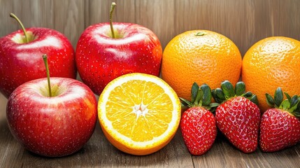 Assorted Fresh Fruits Including Red Apples, Orange Oranges, and Juicy Strawberries Arranged on Rustic Wooden Table Surface