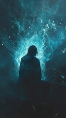 Fototapeta premium Enigmatic Figure in a Teal Mystical Aura: A Contemplative Digital Painting