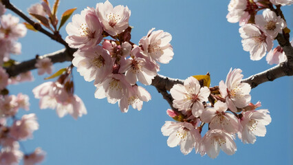Close-up of cherry blossom flowers in full bloom. Springtime nature beauty