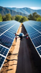 A drone flying over rows of solar panels in a green energy farm on a sunny day, showcasing modern technology and renewable energy for environmental sustainability

