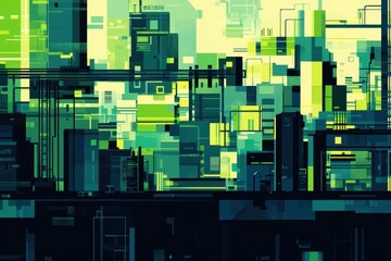 Abstract Green Geometric Cityscape with Digital Patterns and Shapes