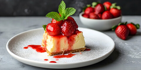Delicious Cheesecake Topped with Fresh Strawberries and Drizzled with Strawberry Sauce Served with Mint Garnish on a White Plate