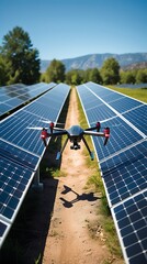 A drone flying over rows of solar panels in a green energy farm on a sunny day, showcasing modern technology and renewable energy for environmental sustainability

