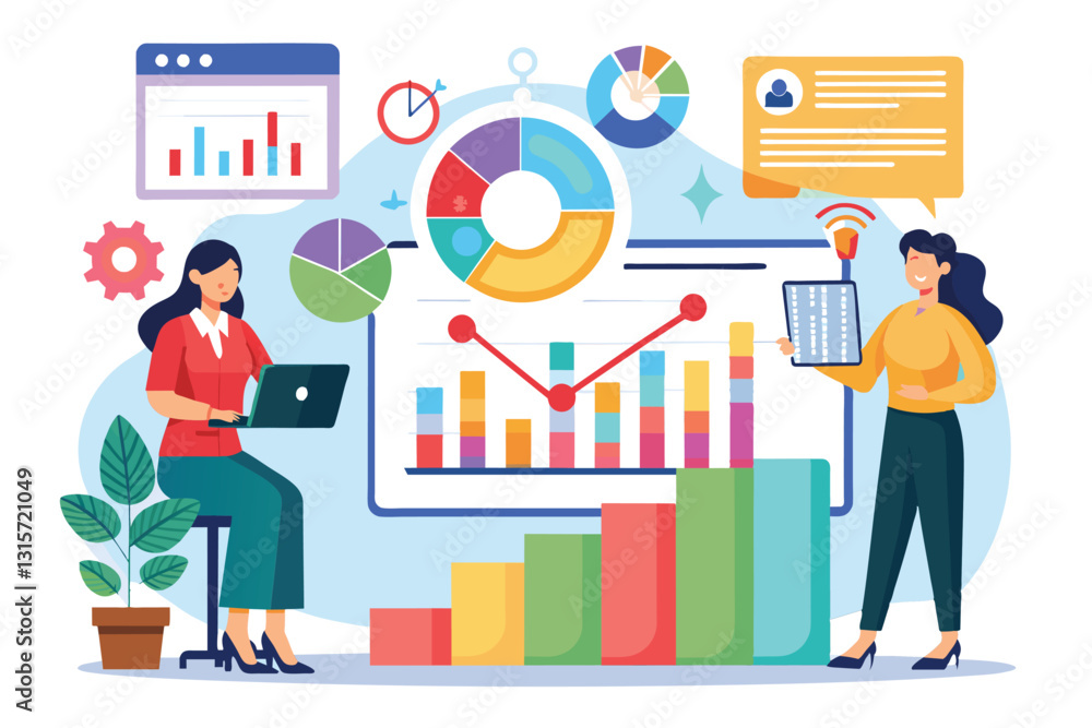 Aufkleber two business professionals analyze company performance data with charts and graphs in a modern offic