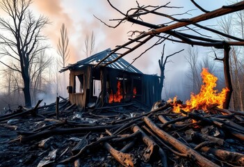 Charred remains of a house after a devastating fire, tragedy, devastation