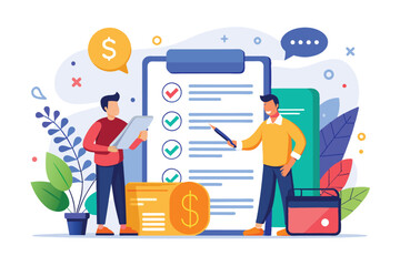 Two people engage in a conversation about financial planning, showcasing checklists and currency symbols, Reseller agreement