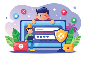 Fototapeta premium A colorful cartoon shows a friendly character assisting with a reset password on a computer, Reset password Customizable Cartoon Illustration