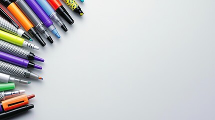 Colorful Collection of Markers and Pens Arranged Artistically on a Clean Background for Creative and Educational Use