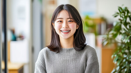 室内で微笑む歯列矯正中の日本人女性