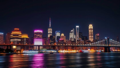 Obraz premium City skyline at night, illuminated skyscrapers and bridges, towers, metropolis