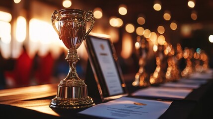 Softly Lit Ceremony Table Displaying Impressive Trophies and Persuasive Certificates