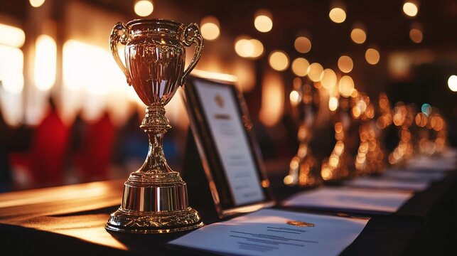 Softly Lit Ceremony Table Displaying Impressive Trophies and Persuasive Certificates