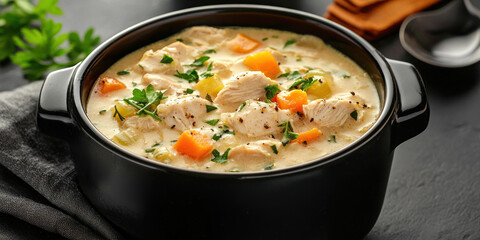 Creamy chicken stew with vegetables in black pot, garnished with herbs