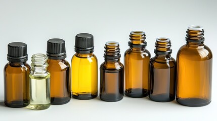 Various Sizes of Amber Glass Bottles for Essential Oils and Aromatherapy Products on a Soft Gray Background