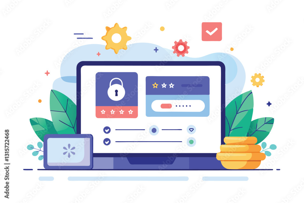 Poster a digital device displays a password reset interface designed with vibrant illustrations and securit