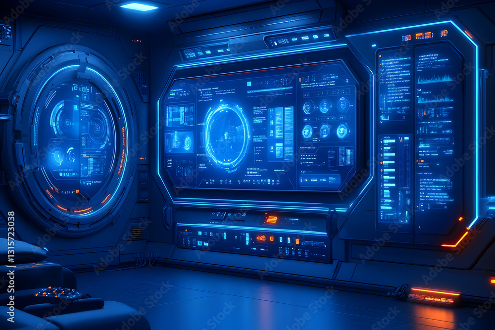 Poster futuristic control room with glowing screens displaying data and information. sleek, dark design wit