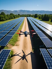 A drone flying over rows of solar panels in a green energy farm on a sunny day, showcasing modern technology and renewable energy for environmental sustainability

