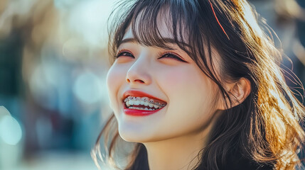 青空の下で輝く笑顔の女性 - 歯列矯正と美しい表情