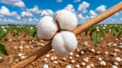 Fluffy White Cotton Bolls on Branch, Sunny Cotton Field