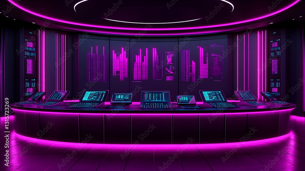 Poster futuristic control room with vibrant purple neon lighting, showcasing multiple monitors displaying d